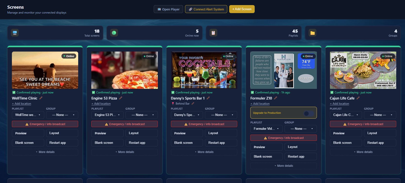 Flagship screens dashboard with the complete content area