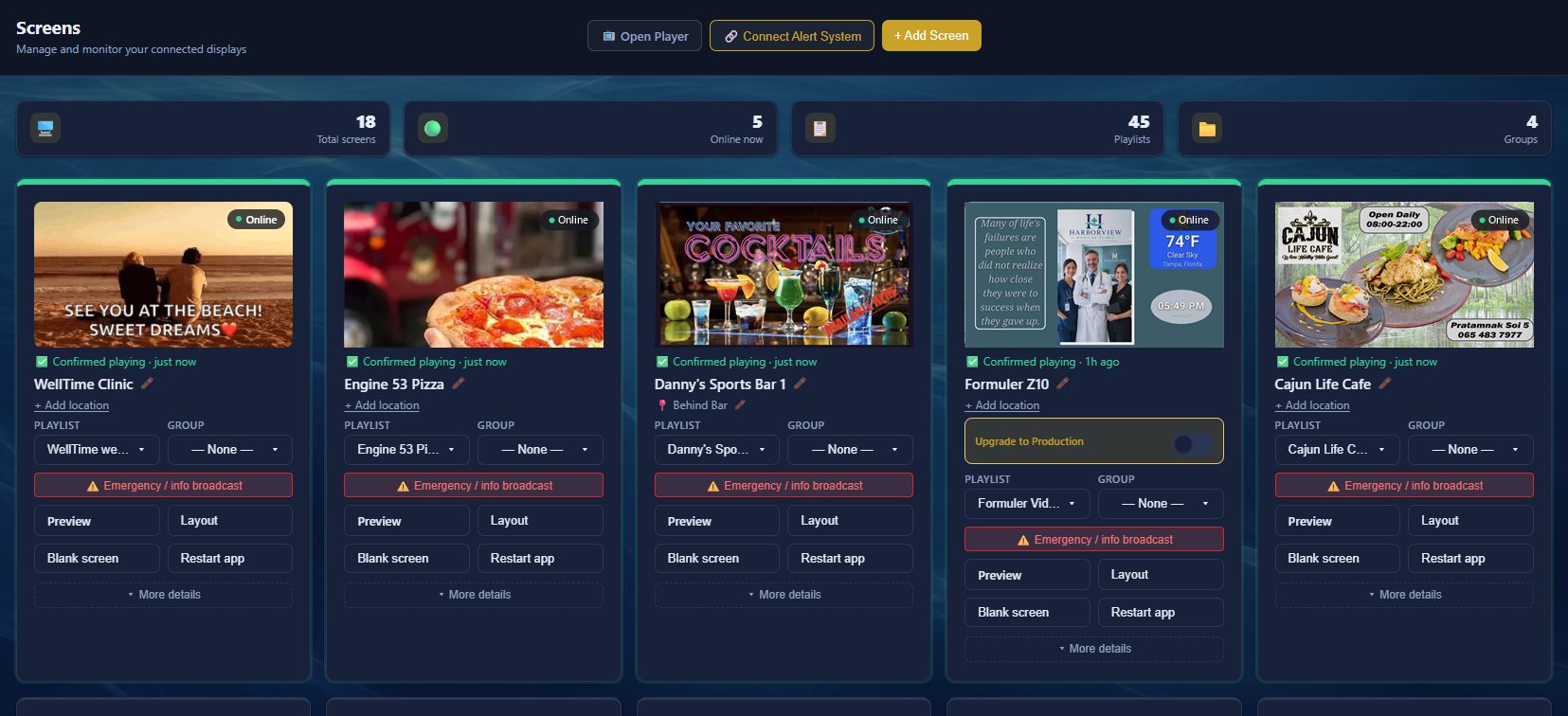 Flagship screens dashboard showing live status